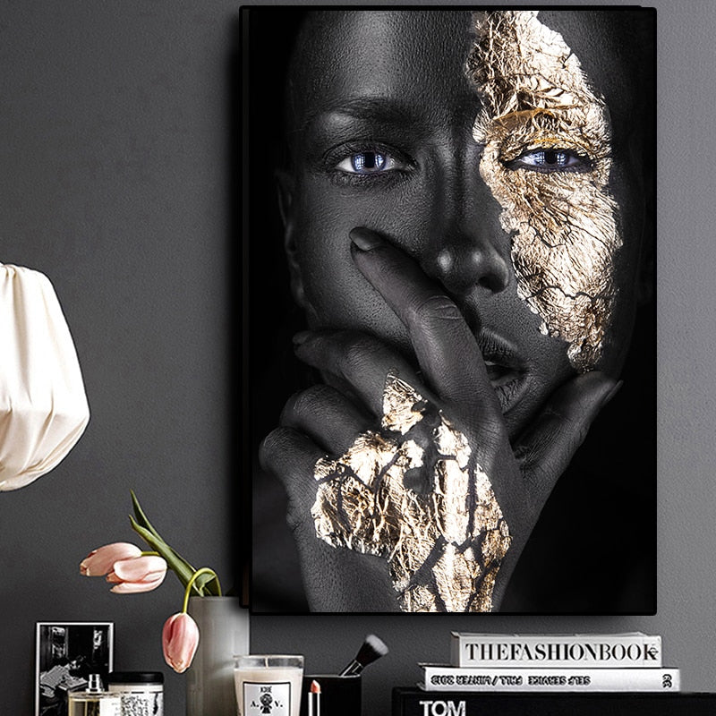 Living Room Wall Art- Black & Gold Woman. Painting Photo Canvas Print. WickedYo